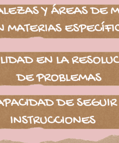 Una imagen con tres secciones de texto en español sobre fondos de papel rosa y marrón. Los textos dicen: 