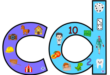 Una colorida ilustración de las letras minúsculas "c" y "d". La letra "c" presenta imágenes de un caballo, una casa, una cámara, un casco, un carro y una carpa de circo. La letra "d" tiene imágenes de un médico, dados, dinero, una mujer con traje, melocotones, un dinosaurio bebé con el número 10 y el número 2. Perfecta para Tarjetas interactivas del abecedario.