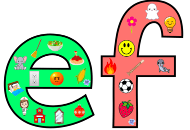 Ilustración de las letras minúsculas "e" y "f" llenas de imágenes. La "e" es verde con un elefante, ensalada, escoba, enchufe, cara enojada, cama, enfermera, escuela, espejo, espagueti, maíz anaranjado y un tomate. La "f" roja incluye una flor fantasma, una cara sonriente, un termómetro de fuego, un balón de fútbol, un suéter de fresa y un pájaro, un ajuste perfecto para Tarjetas interactivas del abecedario.