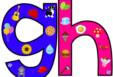 Las coloridas letras "g" y "h" de estas Tarjetas Interactivas del Abecedario muestran varias imágenes que representan palabras que comienzan con cada letra. La "g" muestra una guitarra, un guante, un perro, globos, una flor, una gota de agua, un gorila, una flor azul y una galleta. La "h" resalta un sombrero, un cubito de hielo, un sombrero para el sol, un helado, una hamburguesa, un hacha y una hormiga hongo.
