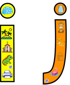 Letras ilustradas brillantes y coloridas 'i' y 'j' con imágenes en su interior. La 'i' contiene un iglú, una isla, una iglesia, un lagarto y una impresora. La 'j' contiene una jarra, una jirafa, un cachorro de guepardo, una jaula y una medusa. Cada letra está delineada en negro. ¡Perfecto para tarjetas interactivas del abecedario!