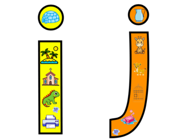 Letras ilustradas brillantes y coloridas 'i' y 'j' con imágenes en su interior. La 'i' contiene un iglú, una isla, una iglesia, un lagarto y una impresora. La 'j' contiene una jarra, una jirafa, un cachorro de guepardo, una jaula y una medusa. Cada letra está delineada en negro. ¡Perfecto para tarjetas interactivas del abecedario!