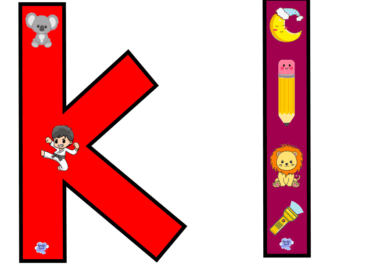 Una letra "K" de color rojo intenso con un koala de dibujos animados en la parte superior y un karateca en el costado, y una letra "I" de color violeta oscuro decorada con una luna con un gorro de dormir, un lápiz amarillo, un león y una linterna. Ambas letras tienen pequeñas flores azules en la parte inferior. ¡Perfecto para Tarjetas interactivas del abecedario!