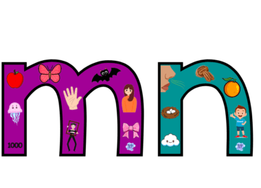 Las letras "m" y "n" están llenas de varias ilustraciones. "M" tiene imágenes como una manzana, mariposa y medusa, mientras que "n" presenta imágenes como una nariz, nueces y una naranja. Estas vibrantes cartas de Tarjetas interactivas del abecedario muestran imágenes coloridas y diversas que representan diferentes objetos y personas.