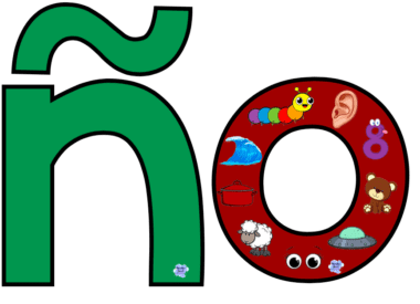 La imagen muestra una gran letra "ñ" verde junto a una letra "o" roja llena de varias imágenes, incluida una oruga, una oreja, el número 8, una ola, una olla, un osito de peluche y más. Este uso creativo del abecedario contribuye a la participación de Tarjetas interactivas del abecedario en cualquier entorno de aprendizaje.