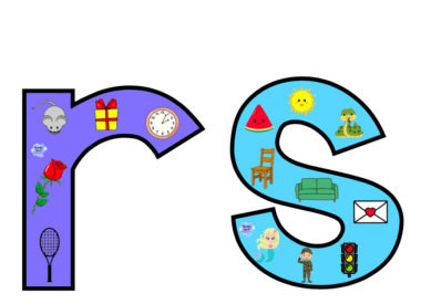 La imagen presenta letras minúsculas grandes y estilizadas "r" y "s", que recuerdan a las Tarjetas interactivas del abecedario. La letra "r" está llena de imágenes como un ratón, regalos, un reloj, una rosa y una raqueta de tenis. La letra "s" contiene un sol, una sandía, una rana, un sofá, una letra, una princesa, un semáforo y un soldado.