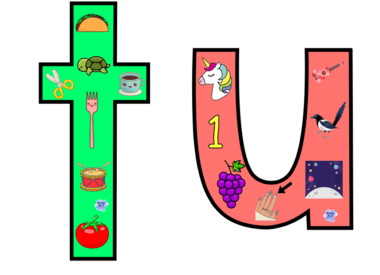 Una letra "t" grande en verde está llena de imágenes de un taco, una tortuga, unas tijeras, un tenedor, una sopa, un tambor y un tomate. Una gran letra "u" en rojo está llena de imágenes de un unicornio, una varita mágica, un pájaro, el número 1, uvas, una sierra y un cielo nocturno. Estos diseños vibrantes son parte de una serie de abecedario que utiliza Tarjetas interactivas del abecedario.
