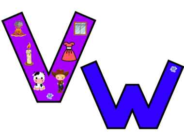 La imagen muestra una letra "V" morada adornada con ilustraciones de un volcán, una ventana, una vela, un vestido, una vaca y un vaquero de dibujos animados. Al lado, hay una letra azul interactiva "W" de las Tarjetas interactivas del abecedario con pequeñas flores azules alrededor.