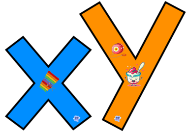 La imagen presenta una gran letra "X" azul con una pila de libros coloridos y una gran letra "Y" naranja decorada con un yoyo y un tazón de yogur sonriente. Ambas letras tienen acentos de dibujos animados y pequeñas cruces en las esquinas, perfectas para Tarjetas interactivas del abecedario.