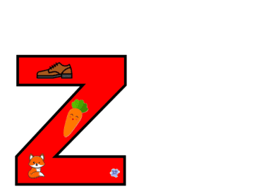 Una letra "Z" mayúscula roja está decorada con varias imágenes: un zapato marrón en la parte superior, una zanahoria sonriente con una hoja verde en el centro, un zorro de dibujos animados en la parte inferior izquierda y una pequeña flor en la parte inferior derecha. Este divertido diseño es perfecto para Tarjetas interactivas del abecedario. El fondo es blanco.