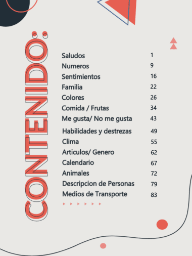 Una página de índice titulada "Contenido" para Clickalng Kids A1- Aprende Español con una lista de temas y sus números de página: Saludos, Numeros, Sentimientos, Familia, Colores, Comida/Frutas, Me gusta/No me gusta, Habilidades y destrezas, Clima , Artículos/Género, Calendario, Animales, Descripción de Personas y Medios de Transporte.