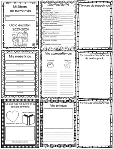 Un collage de varias plantillas imprimibles en blanco para estudiantes, incluidas páginas tituladas "Mi álbum de memorias", "Mis maestros" y "Mis compañeros", diseñadas para recuerdos y firmas escolares.