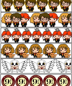 Un conjunto de pegatinas de dibujos animados con personajes con uniformes de magos con varitas mágicas, animales como una rata y un gato, búhos blancos con letras y un cartel de plataforma 9¾ de la serie de Harry Potter en varias filas repetidas.