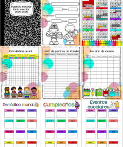 Una colorida portada de agenda escolar titulada 