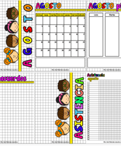 Una agenda mensual ilustrada en español para agosto. El planificador incluye diversos personajes de dibujos animados en la parte superior, un calendario, secciones para 