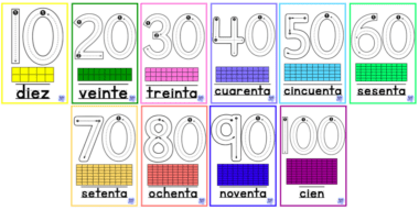 Un colorido conjunto de tarjetas didácticas que muestran los números del 10 al 100 en español. Cada tarjeta incluye el numeral, el número en palabras (diez, veinte, treinta, cuarenta, cincuenta, sesenta, setenta, ochenta, noventa, cien) y una representación visual correspondiente mediante bloques.