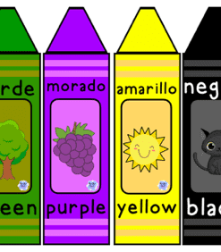 Una gama de ilustraciones coloridas con crayones, cada una etiquetada con el nombre del color tanto en español como en inglés. Colores de izquierda a derecha: azul, rojo, rosa, verde, morado, amarillo, negro, naranja, marrón y blanco. Cada crayón tiene una imagen correspondiente.