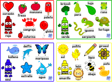 El póster "Tarjetas para repasar colores y nombres" es una herramienta educativa con secciones vibrantes en rojo, verde, azul y amarillo. Cada sección incluye crayones de colores y tarjetas con ilustraciones etiquetadas de nombres de objetos relacionados en español, como "fresa" en la sección roja y "brócoli" en la sección verde.