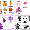 "Tarjetas para repasar colores y nombres" es un cuadro educativo vibrante ideal para repasar los colores, que presenta imágenes de dibujos animados etiquetadas con nombres en español. Incluye ilustraciones de animales, frutas y objetos como una calabaza, un tigre, un panda, un flamenco, uvas y un crayón con sus respectivos colores y nombres bellamente ilustrados.