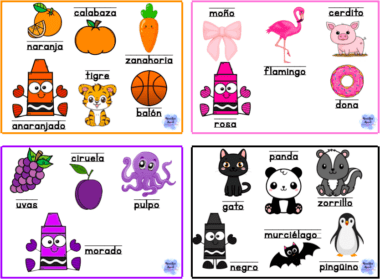 "Tarjetas para repasar colores y nombres" es un cuadro educativo vibrante ideal para repasar los colores, que presenta imágenes de dibujos animados etiquetadas con nombres en español. Incluye ilustraciones de animales, frutas y objetos como una calabaza, un tigre, un panda, un flamenco, uvas y un crayón con sus respectivos colores y nombres bellamente ilustrados.