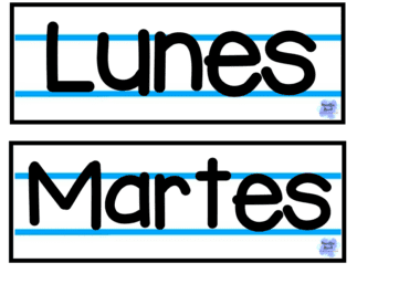 Dos tarjetas didácticas del cuaderno Fecha Flip edición muestran las palabras "Lunes" y "Martes" en letras grandes y en negrita. Cada tarjeta tiene un fondo con líneas azules que recuerdan al papel de práctica de escritura de un cuaderno bien organizado.