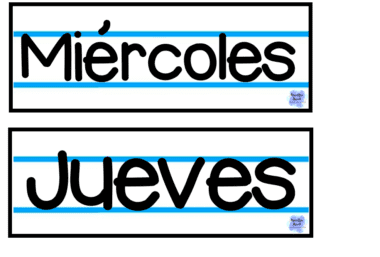 La imagen muestra el estilo de cuaderno de la edición Fecha Flip, con las palabras "Miércoles" y "Jueves" escritas elegantemente en negro sobre fondo blanco con líneas horizontales azules. Cada palabra aparece en un rectángulo con borde negro, que recuerda a una edición clásica de cuaderno.