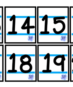 El cuaderno Fecha Flip edición incluye un juego de ocho tarjetas, cada una de las cuales resalta los números del 13 al 20 en letra negra en negrita sobre un fondo blanco con líneas turquesas. Cada tarjeta presenta un número y tiene un pequeño logotipo colorido ubicado en la esquina inferior derecha, ordenados prolijamente en dos filas.