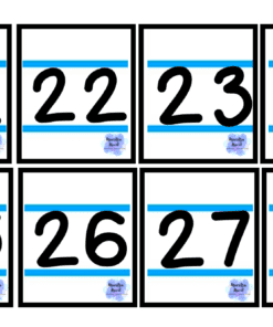 En el estilo de cuaderno de la edición Fecha Flip, ocho tarjetas numeradas en dos filas muestran números del 21 al 28. Cada tarjeta cuenta con un número negro llamativo sobre un fondo blanco adornado con líneas azules, que recuerda a una página nítida de un elegante cuaderno.
