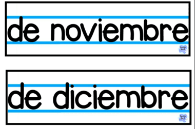 La imagen muestra dos etiquetas: "de noviembre" y "de diciembre", que parecen páginas de un cuaderno de la edición Fecha Flip. Están enmarcadas por bordes rectangulares negros sobre líneas guía azules, similares a un diseño de cuaderno, con un pequeño personaje de dibujos animados asomándose desde la esquina inferior derecha de cada etiqueta.