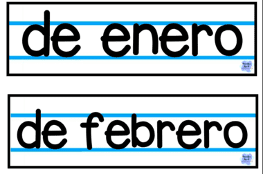 Dos tarjetas rectangulares de la serie "Fecha Flip edición cuaderno" presentan líneas azules sobre un fondo blanco. La tarjeta superior muestra "de enero" y la inferior "de febrero", ambas en una fuente negra divertida que recuerda a un cuaderno creativo. Cada tarjeta está rematada con un pequeño logotipo colorido en la esquina inferior derecha, que perfecciona esta encantadora edición.