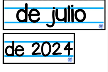 El texto muestra "de julio de 2024" en letras prominentes y en negrita sobre un fondo blanco con líneas azules horizontales, imitando el aspecto de las páginas de un cuaderno. Cada sección está enmarcada en cuadros rectangulares, lo que captura el atractivo organizado de un cuaderno Fecha Flip edición.