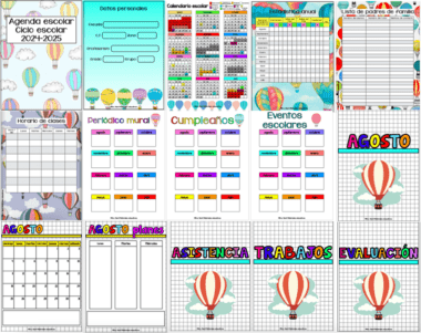 Presentamos la Agenda escolar 2024-2025 edición globos aerostáticos, un animado collage de coloridas páginas de planificación diseñadas para el año académico. Incluye secciones dedicadas al calendario, asistencia, cumpleaños, eventos y tareas, junto con encantadoras ilustraciones de globos aerostáticos. Con mucho espacio para notas y contactos familiares, ¡es la agenda escolar perfecta!