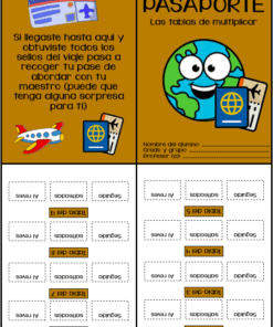 El "Pasaporte de tablas de multiplicar" es una hoja de actividades educativas diseñada para aprender las tablas de multiplicar, que presenta un personaje de dibujos animados de un globo terráqueo con una tarjeta de embarque y sellos de viaje. Incluye espacios para que los estudiantes completen su nombre, grado y maestro mientras se embarcan en el emocionante viaje de dominar las tablas de multiplicar.