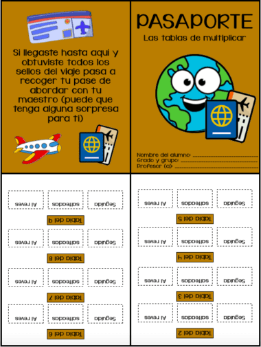 El "Pasaporte de tablas de multiplicar" es una hoja de actividades educativas diseñada para aprender las tablas de multiplicar, que presenta un personaje de dibujos animados de un globo terráqueo con una tarjeta de embarque y sellos de viaje. Incluye espacios para que los estudiantes completen su nombre, grado y maestro mientras se embarcan en el emocionante viaje de dominar las tablas de multiplicar.