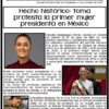 El periódico "Periódico sobre la toma de protesta en México de Claudia Sheinbaum", del 2 de octubre de 2024, anuncia con orgullo la histórica toma de posesión de Claudia Sheinbaum como la primera presidenta de México. Incluye una foto de ella sonriendo, artículos sobre sus logros e imágenes de estudiantes sosteniendo carteles celebrando este trascendental evento.