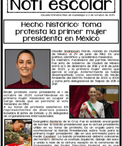 El periódico "Periódico sobre la toma de protesta en México de Claudia Sheinbaum", del 2 de octubre de 2024, anuncia con orgullo la histórica toma de posesión de Claudia Sheinbaum como la primera presidenta de México. Incluye una foto de ella sonriendo, artículos sobre sus logros e imágenes de estudiantes sosteniendo carteles celebrando este trascendental evento.