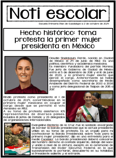 El periódico "Periódico sobre la toma de protesta en México de Claudia Sheinbaum", del 2 de octubre de 2024, anuncia con orgullo la histórica toma de posesión de Claudia Sheinbaum como la primera presidenta de México. Incluye una foto de ella sonriendo, artículos sobre sus logros e imágenes de estudiantes sosteniendo carteles celebrando este trascendental evento.