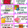 Las tareas educativas para niños en español con imágenes, con "Trabajos en clase", incluyen actividades como "Entregar cuadernos", "Cambiar fecha", "Cambiar días", "Ordenar los juguetes", sirviendo como el "Vigilante de la basura". y completar tareas en el aula como "Entregar libros" y "Ordenar la biblioteca". Recuerde siempre mantener la puerta cerrada con el recordatorio: “Mantener la puerta cerrada.