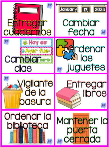 Las tareas educativas para niños en español con imágenes, con "Trabajos en clase", incluyen actividades como "Entregar cuadernos", "Cambiar fecha", "Cambiar días", "Ordenar los juguetes", sirviendo como el "Vigilante de la basura". y completar tareas en el aula como "Entregar libros" y "Ordenar la biblioteca". Recuerde siempre mantener la puerta cerrada con el recordatorio: “Mantener la puerta cerrada.