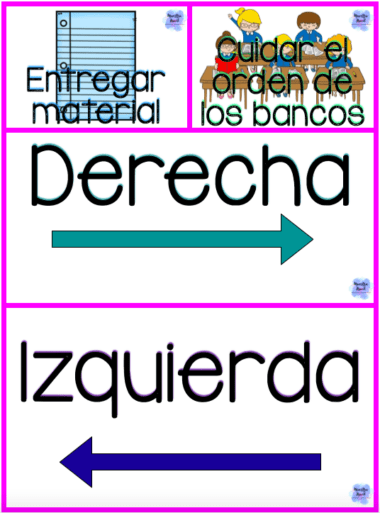 El cartel educativo "Trabajos en clase" incluye ayudas visuales para las tareas en el aula: "Entregar material", que muestra papel rayado, y "Cuidar el orden de los bancos", que muestra a los niños y sus escritorios. Se proporcionan flechas direccionales, con "Derecha" con una flecha hacia la derecha y "Izquierda" con una flecha hacia la izquierda, para ayudar a mantener la organización de los trabajos.