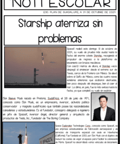 La portada del Periódico Starship aterriza sin problema presenta dos fotos del aterrizaje de un cohete Starship y un retrato de Elon Musk celebrando el aterrizaje impecable con el titular "Starship aterriza sin problema".