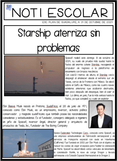 La portada del Periódico Starship aterriza sin problema presenta dos fotos del aterrizaje de un cohete Starship y un retrato de Elon Musk celebrando el aterrizaje impecable con el titular "Starship aterriza sin problema".