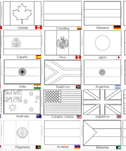 Dibujos de contornos de 30 banderas de países diferentes, incluidos México, Canadá, Colombia, Alemania, Francia, Brasil, España, Perú, Japón, Chile, Italia, India, Sudáfrica, Argentina, Suecia, Uruguay, Australia, Estados Unidos, Reino Unido, Grecia y otros.
