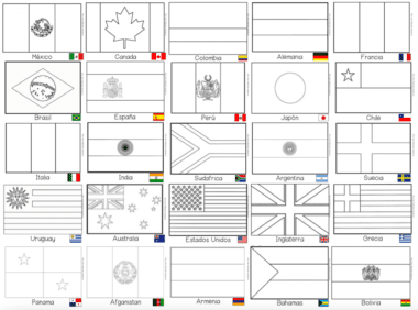 Dibujos de contornos de 30 banderas de países diferentes, incluidos México, Canadá, Colombia, Alemania, Francia, Brasil, España, Perú, Japón, Chile, Italia, India, Sudáfrica, Argentina, Suecia, Uruguay, Australia, Estados Unidos, Reino Unido, Grecia y otros.