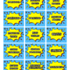 Una colorida tabla con 15 tarjetas azules estilo cómic, cada una etiquetada con términos de negocios en español como "EMPRENDEDOR", "MARKETING", "GASTOS", "CALIDAD" y más. Cada tarjeta está perfilada en amarillo y rojo con un efecto de estrella.