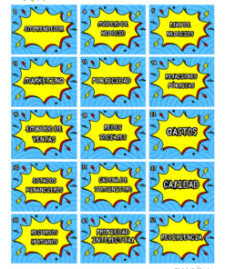 Una colorida tabla con 15 tarjetas azules estilo cómic, cada una etiquetada con términos de negocios en español como "EMPRENDEDOR", "MARKETING", "GASTOS", "CALIDAD" y más. Cada tarjeta está perfilada en amarillo y rojo con un efecto de estrella.