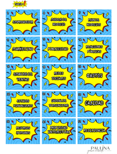 Una colorida tabla con 15 tarjetas azules estilo cómic, cada una etiquetada con términos de negocios en español como "EMPRENDEDOR", "MARKETING", "GASTOS", "CALIDAD" y más. Cada tarjeta está perfilada en amarillo y rojo con un efecto de estrella.