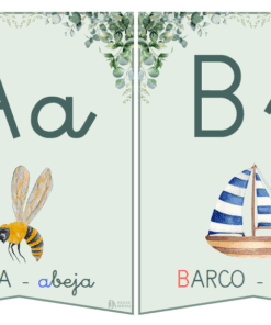 Dos tarjetas alfabéticas ilustradas: una para la "A" con el dibujo de una abeja y las palabras "Abeja - abeja", y otra para la "B" con el dibujo de un barco y las palabras "Barco - barco". Hojas verdes enmarcan la parte superior de cada tarjeta.