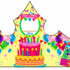 Diseño colorido de Party Hat de cumpleaños que presenta una estrella central con "feliz cumpleaños" en varios idiomas, rodeado de globos, regalos y un pastel, sobre un fondo verde claro.