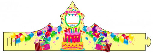 Diseño colorido de Party Hat de cumpleaños que presenta una estrella central con "feliz cumpleaños" en varios idiomas, rodeado de globos, regalos y un pastel, sobre un fondo verde claro.